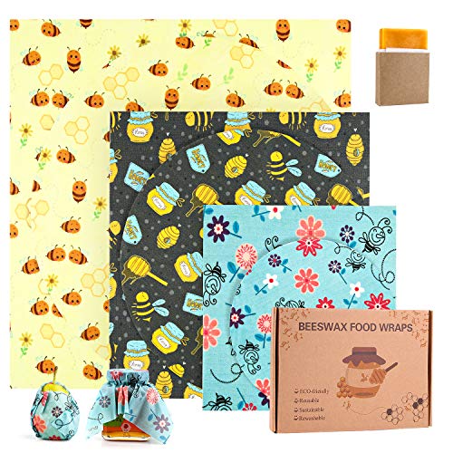 joyoldelf Emballage Cire d'abeille, Réutilisable de Cire d'abeille Ensemble,Emballage Alimentaire Naturels et Écologique,Biologique,Biodégradable,pour Sandwichs Fruits Collations.(7PCS)