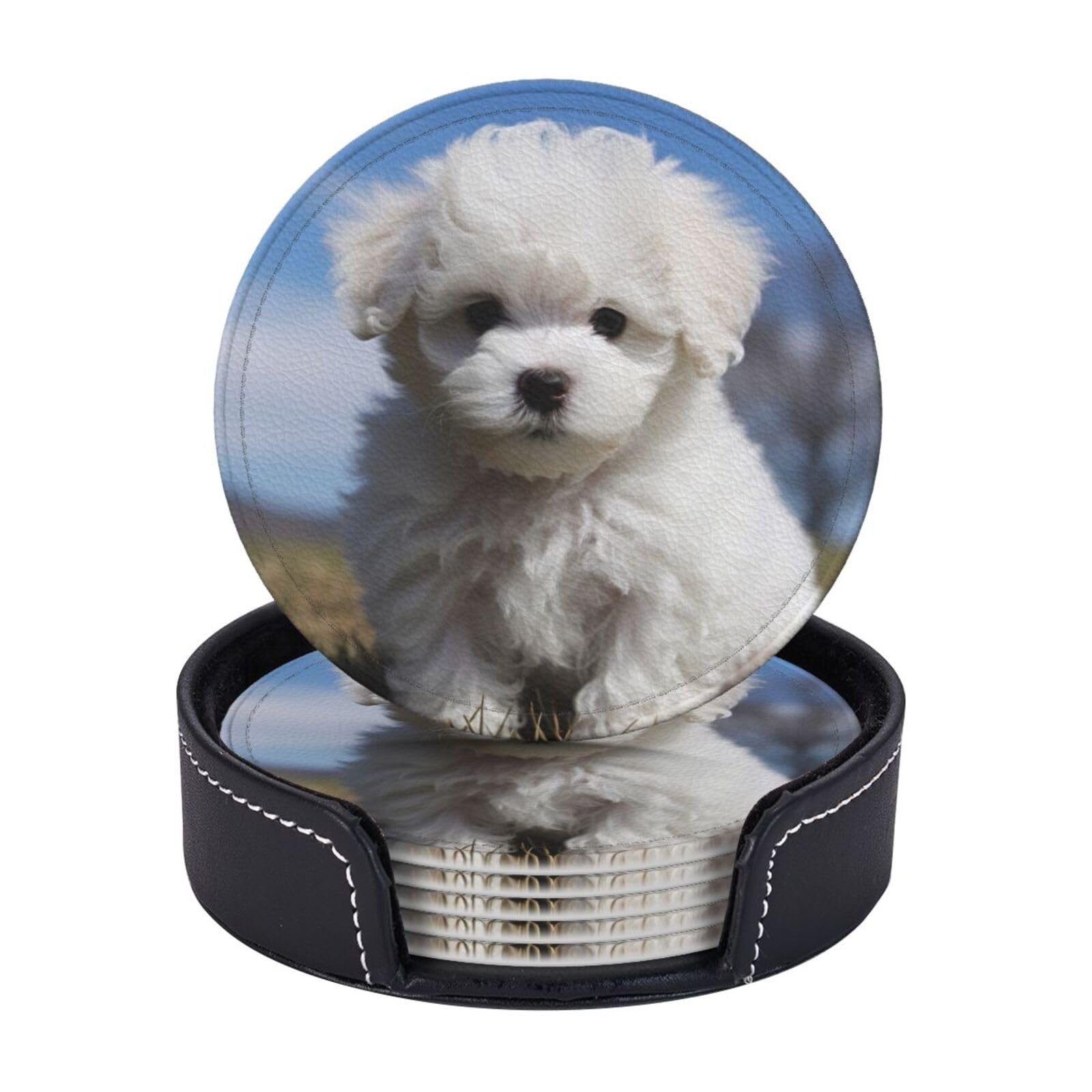 6Pcs PU Leather Coaster for Drinks, Bichon Frise Dog Cup Coasters with Holder, Aesthetic Drink Coasters for Coffee Table, Round Coaster for Tabletop Protection 4" Cup Mat Pad