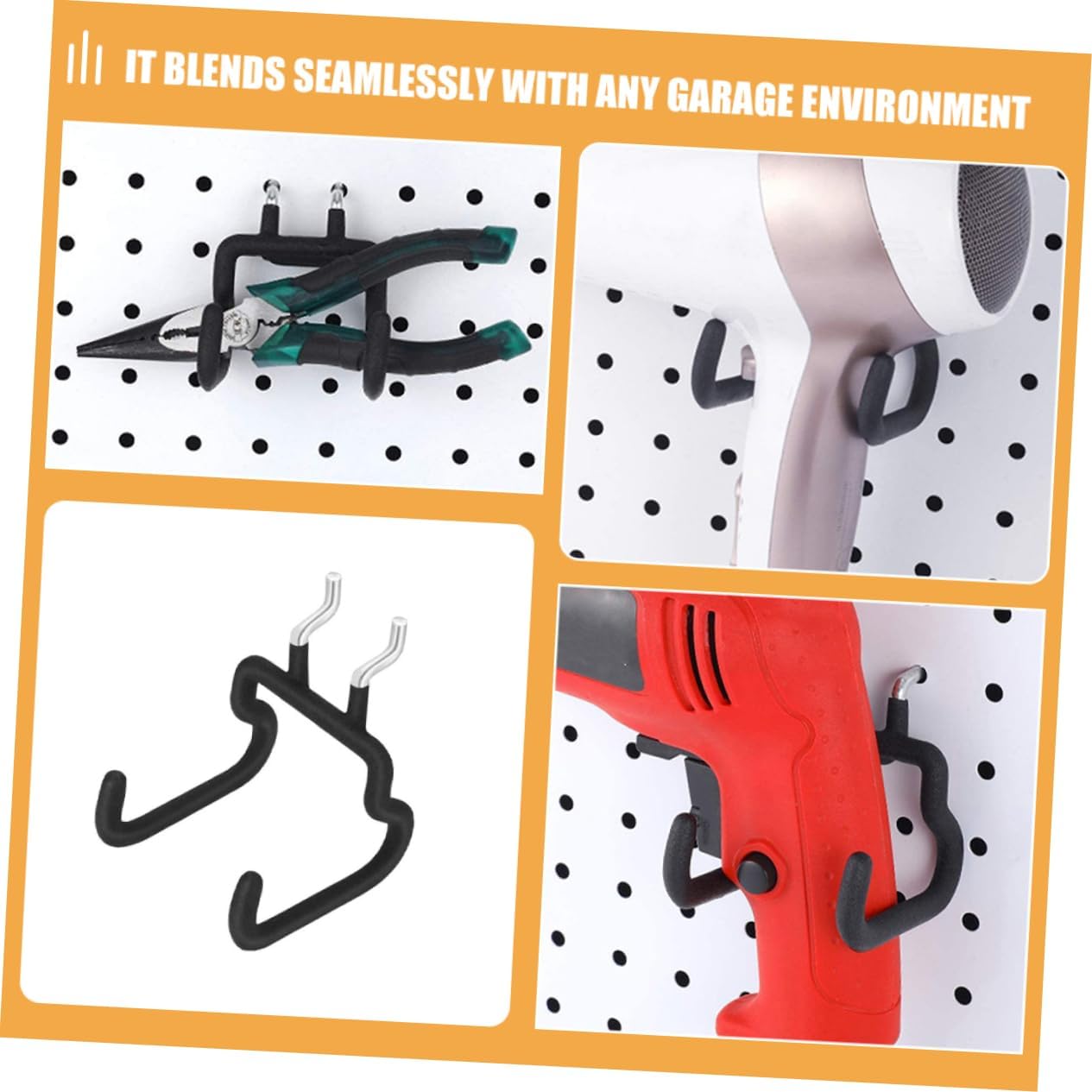 Healifty 4pcs Black Pegboard Hooks for Garage Tool Organization Drill and Pliers Holders with Spacing Easy Install Hand Tool Hangers for Workshop Storage