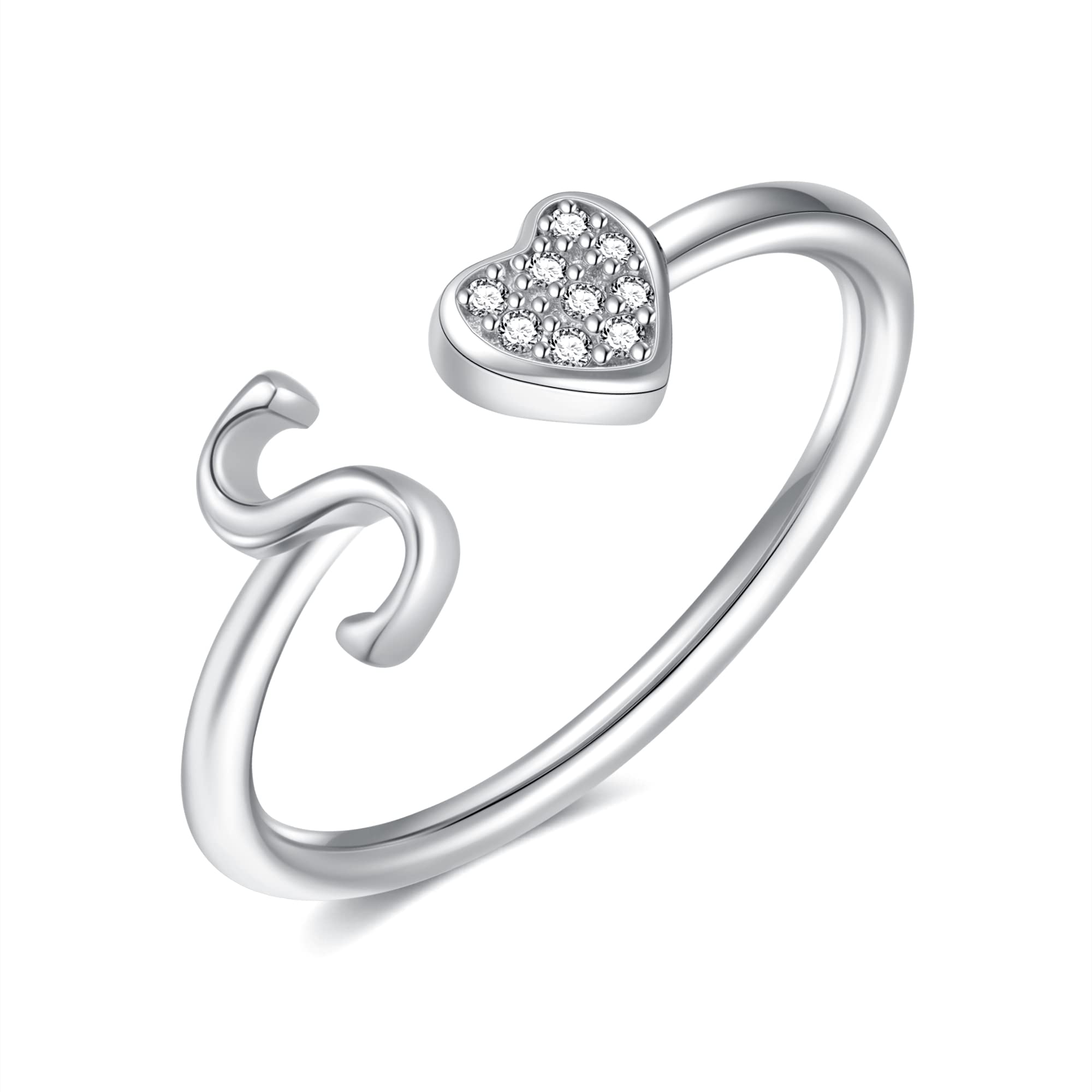 BRIJEWLIC925 Sterling Silver Heart Initial Rings, Adjustable Letter Rings, Stackable Rings for Women - Gifts