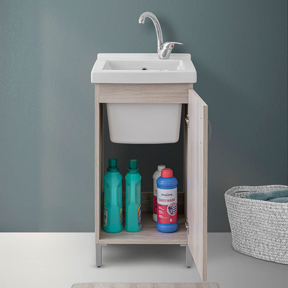 Mobile lavatoio Lavanderia in Legno con Vasca in Ceramica Resistente agli acidi, Completo di Kit sifone + piletta (Olmo, 45x50 cm 1 Anta)