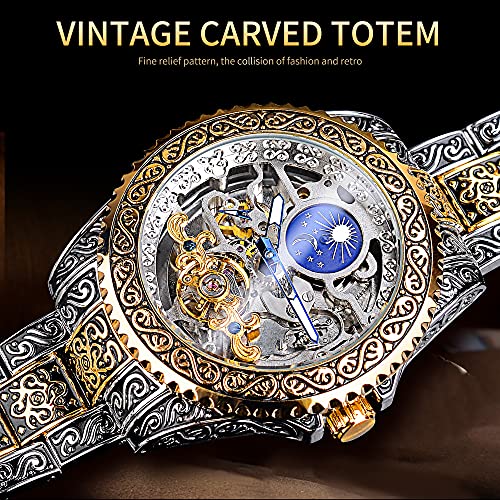 Forsining 60301 Retro Watch For Men Carved Self-Wind Mechanical Tattoo Tourbillon Moon Phase Independent Seconds Skeleton Automatic Big Dial Wrist Watches,Gold thumb #3