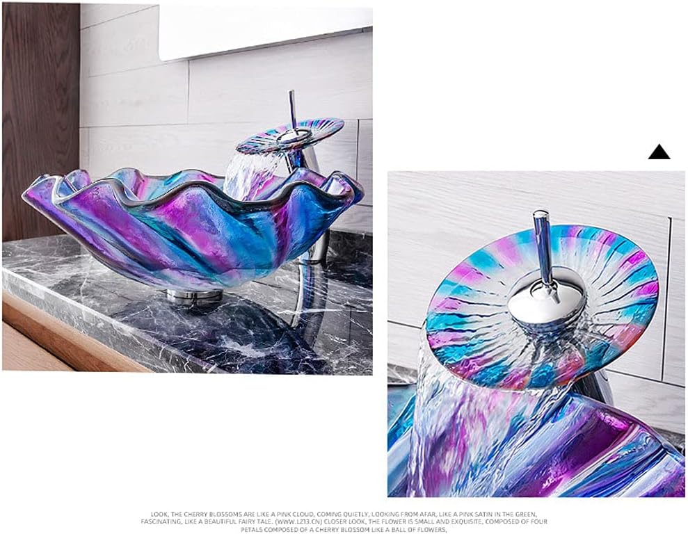 Artistic Bathroom Sink Bathroom Sink Set Tempered Glass Sink Single Basin Waterfall Faucet Drain Hole 45mm Suitable for Restaurants Bathrooms Hotels(T12x450x450x150mm) (Style 2)