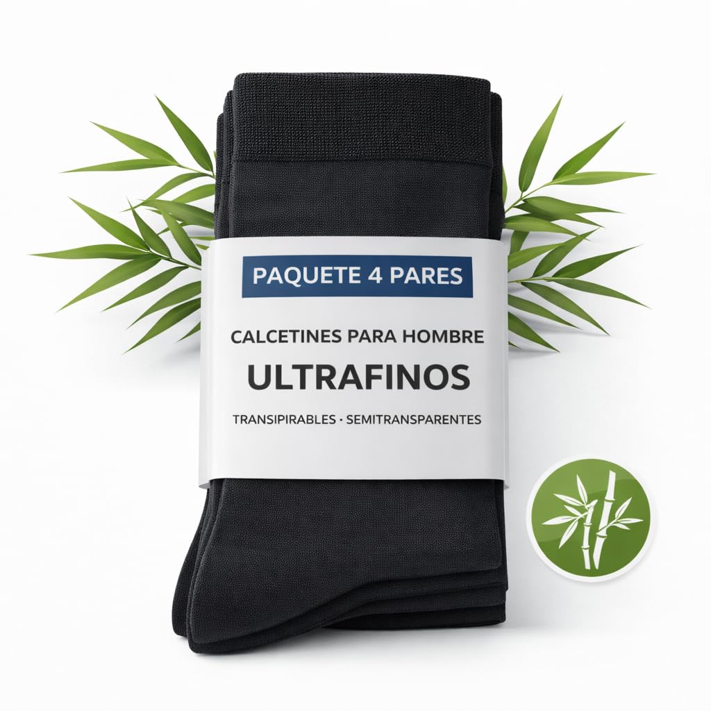 Calcetines de Bambú para Hombre, Pack de 4 Pares, Sin Costura, Transpirables y Suaves, Calcetines Ejecutivos Finos, Antiolor y Antibacterianos, Negro, Talla 40-46