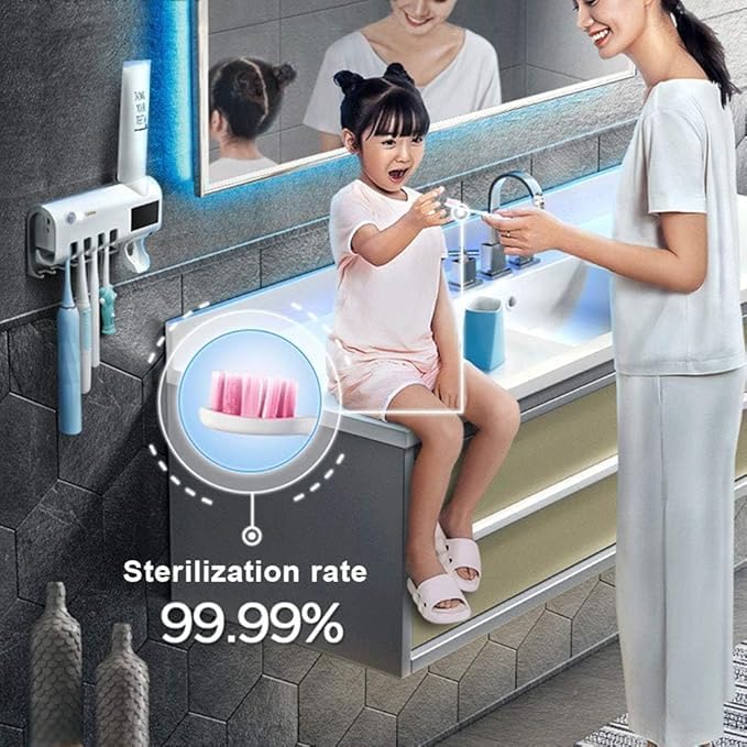 Image of UV Toothbrush Holder with Sterilizer, Multi-Slot Wall Mounted Toothbrush Stand | Drill-Free Installation | USB & Solar Charging | Bathroom Smart Storage Organizer (White)