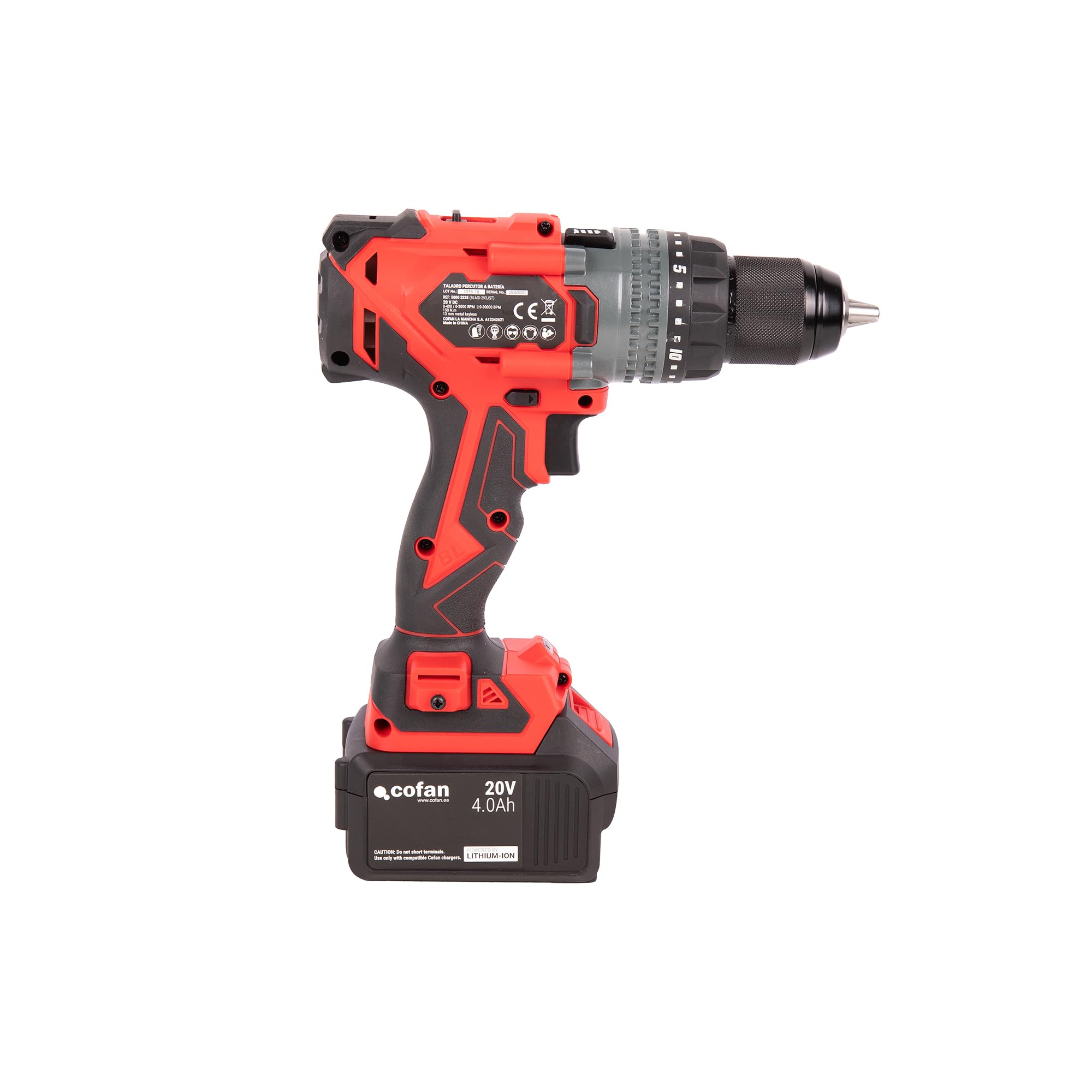 Cofan Taladro percutor a batería | Motor sin escobillas | Potencia: 20 V | Portabrocas 13 mm | 150 Nm, 2000 rpm | 2 velocidades | Percusión 30 000 BPM | Incluye accesorios | Batería y cargador incluid