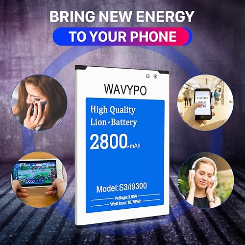 Miniatura 6 de WAVYPO Batería compatible con Galaxy S3 I9300, batería de repuesto mejorada de iones de litio de 2800 mAh para Samsung Galaxy S3 I9300, EB-L1G6LLU,