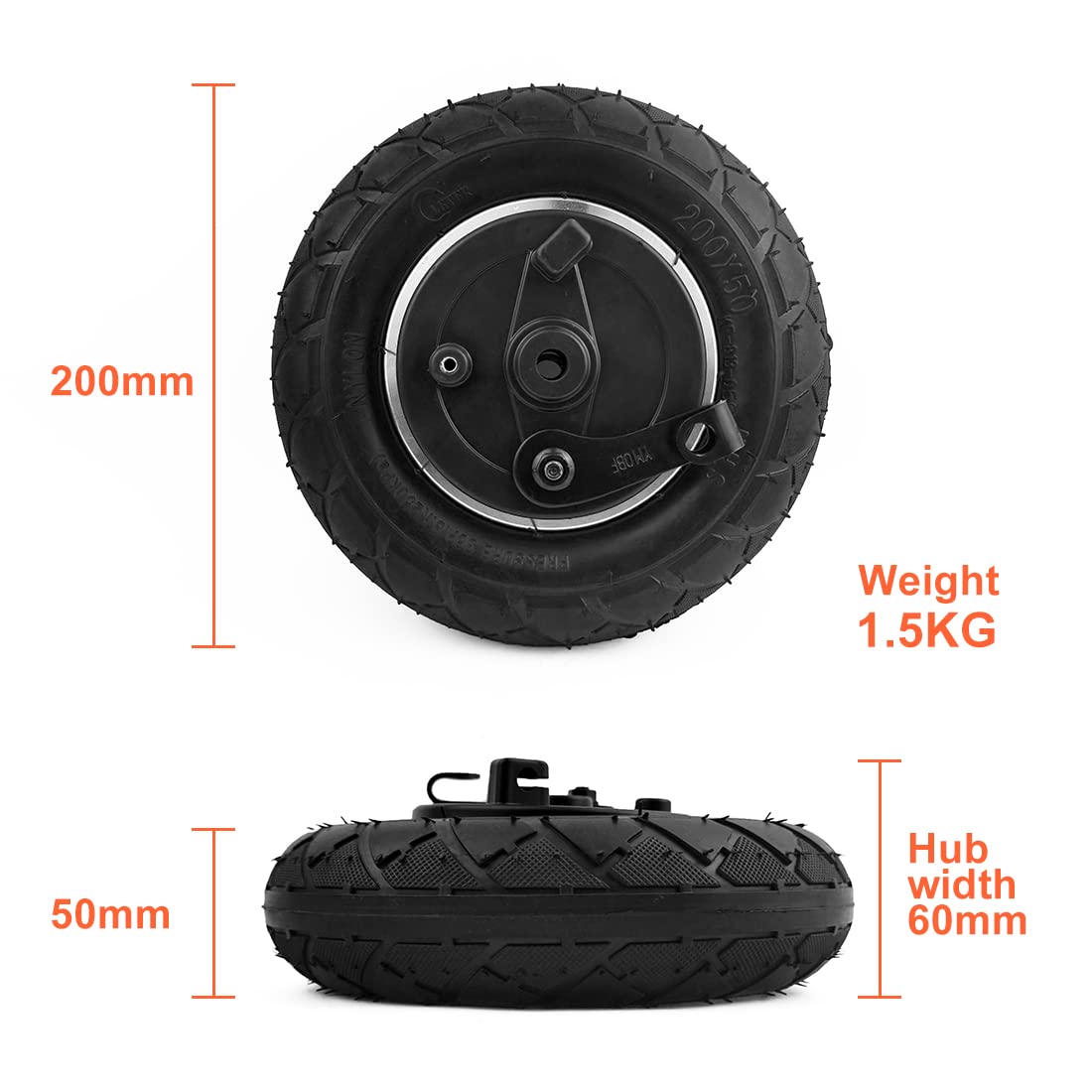 l faster Roue Solide de 8 Pouces avec Frein à Tambour Roue Non pneumatique 200x50 avec Frein mécanique Trottinette Contrôle de stabilité Pneu à Plat