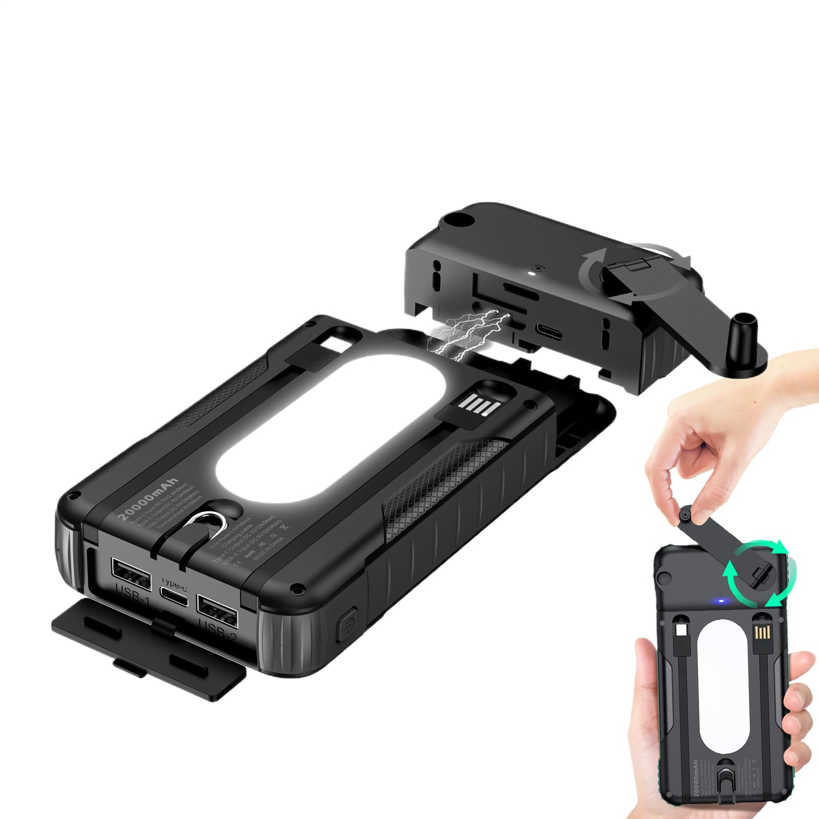 Power Bank Solare,Resistente Agli Urti Con Torcia - Power Bank con Manovella e Energia Solare | Per Smartphone, Fotocamera, Tablet, Campeggio, Escursionismo E Zaino In Spalla