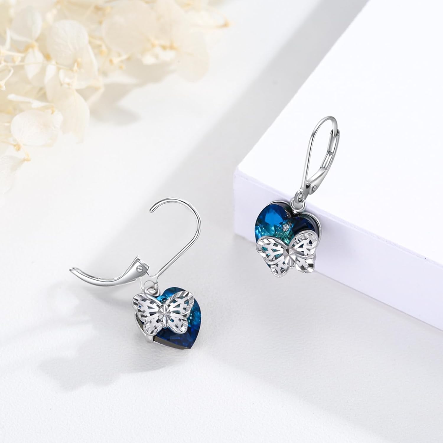 Butterfly Earrings S925 Sterling Silver Heart Crystal Earring Blue Dangle Leverback Earings Butterfly Crystal Jewelry for Women Sister Daughter Mother