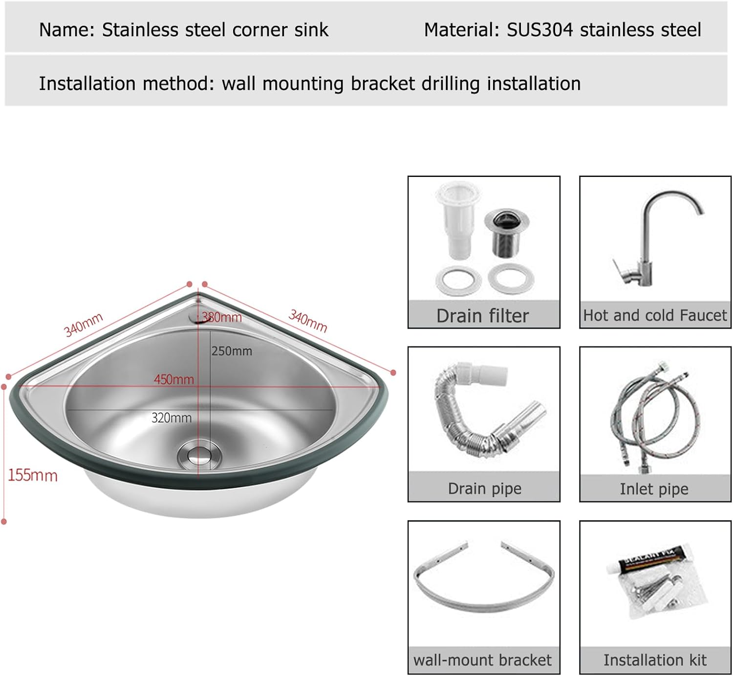 Corner Sink Made of Stainless Steel Wall Mounted Corner Modern Kitchen Sink with Filter Hand Washing Corner Sink Wash Basin for Boat,Bathroom,Rv,Kitchen,