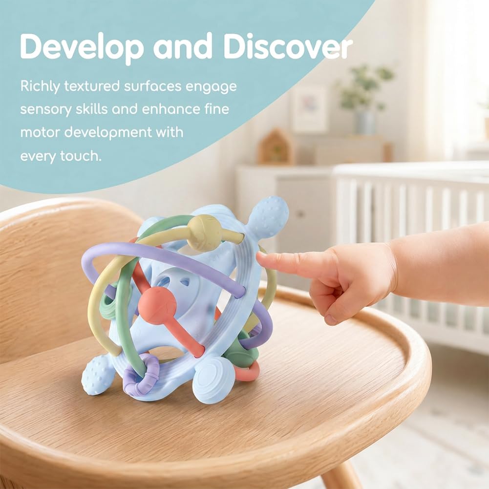 Juguete Mordedor Pelota Bebé, Juguetes Sensoriales para La Dentición Juguete de Denticion Sonajero para Bebe Juguetes Educativo Temprano Montessori para Bebés de 3 a 18 Meses(Azul)
