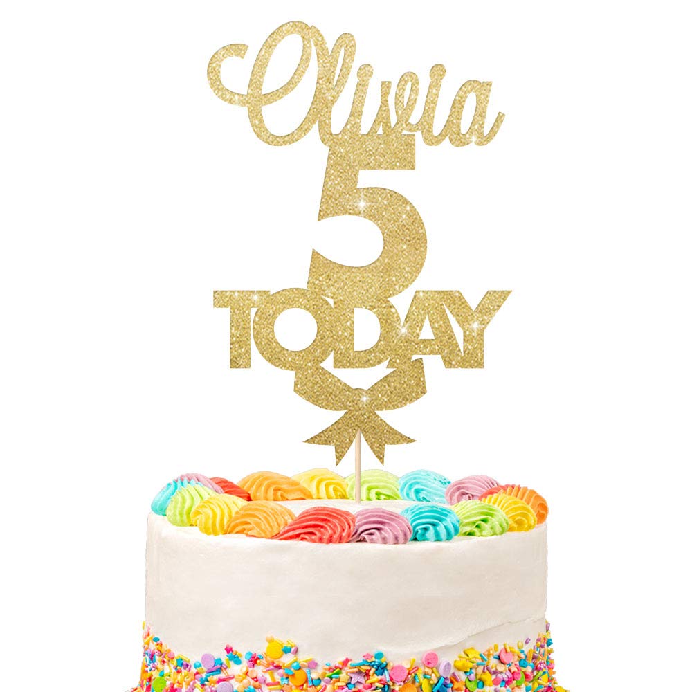 Customised Birthday Cake Topper | Personalised Any Name Age Today Daughter girl boy With Glitter bow | Multicoloured Non-Shed Double Sided Glitter | Champagne Gold