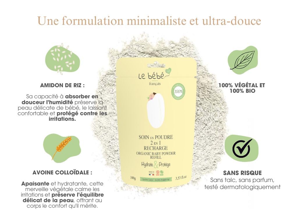 Polvo de baño suave orgánico y vegano para bebé, calmante, avena y arroz, producto 2 en 1, 100 g.