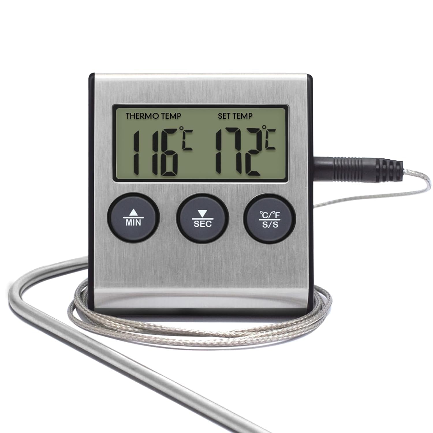 FALAHOM Kitchen Instant Read Meat Thermometer, Digital Thermometer and Timer Clock with Stainless Steel Food Probe for Candy, Cooking, Smoker, Oven, BBQ, Grill | Auto-Off