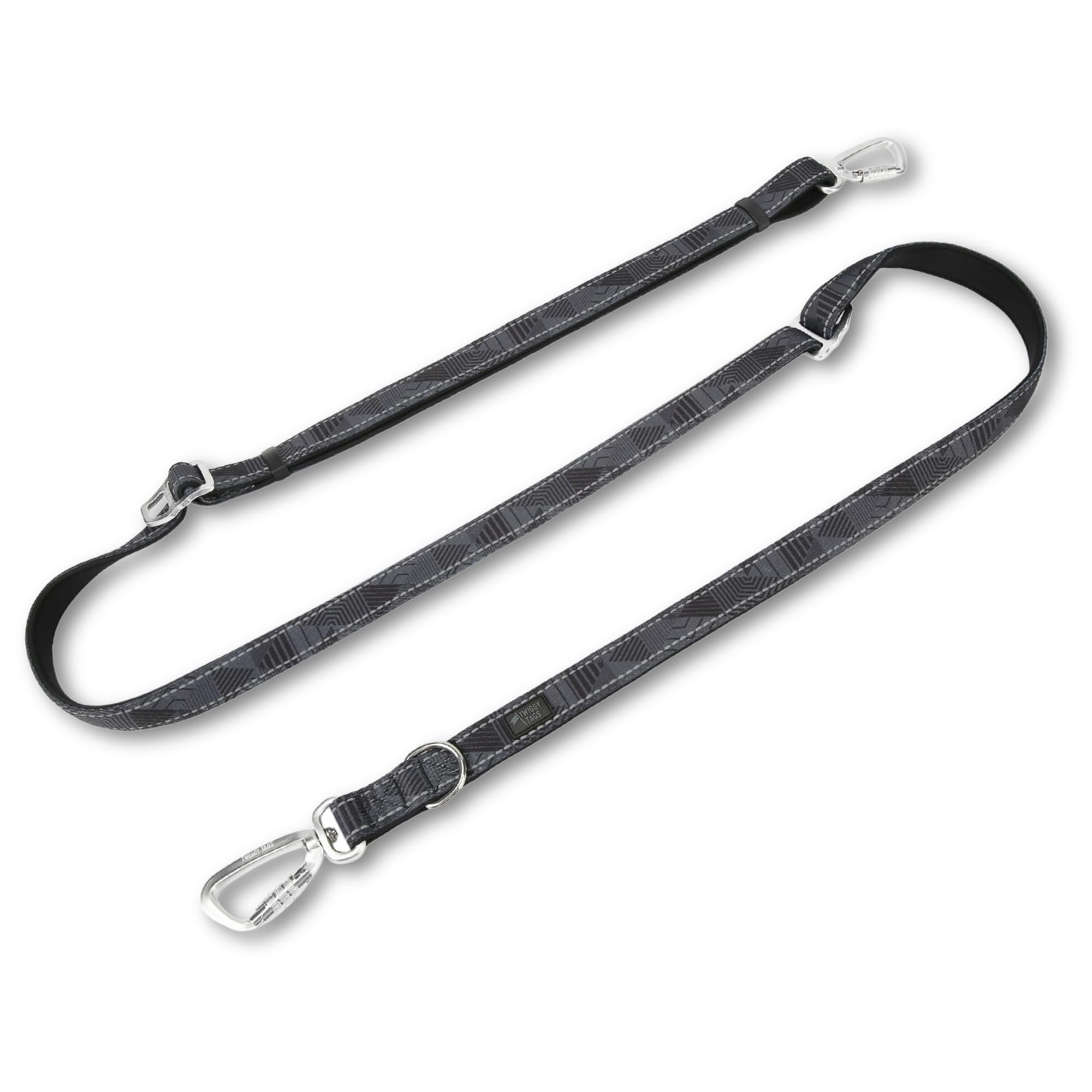 Twiggy Tags Multi-Way Double-Ended Training Lead| Strong Adjustable Hands-Free Dog Lead| Reflective, Locking Carabiner, Comfortable| Suitable For All Dog Breeds| 2.5-8ft (Onyx Black)