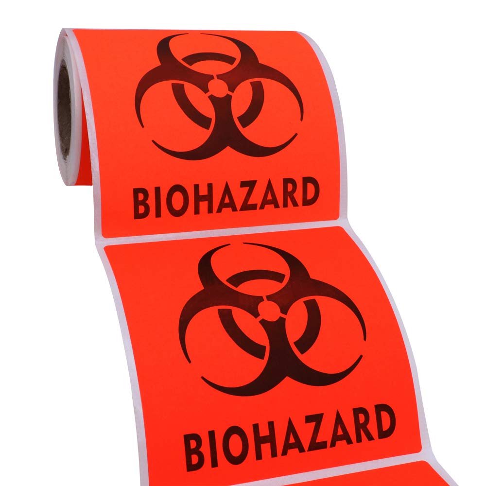 Hybsk Biohazard Warning Labels 4 x 4 inch Fluorescent RedOrange Hazardous Stickers 100 Labels