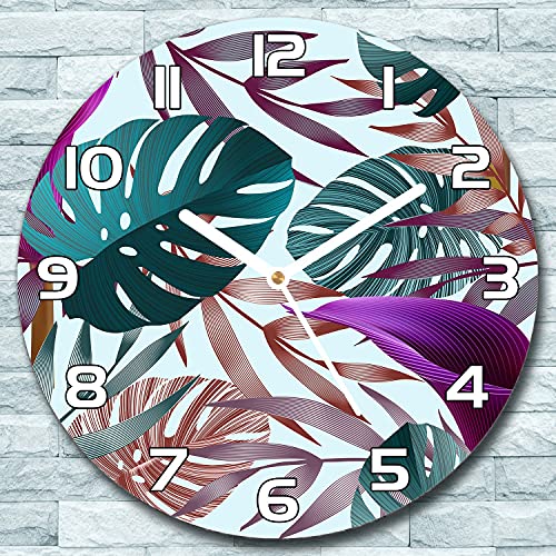 Horloge en verre 30 cm fleurs jungle avec aiguilles blanches Coloray
