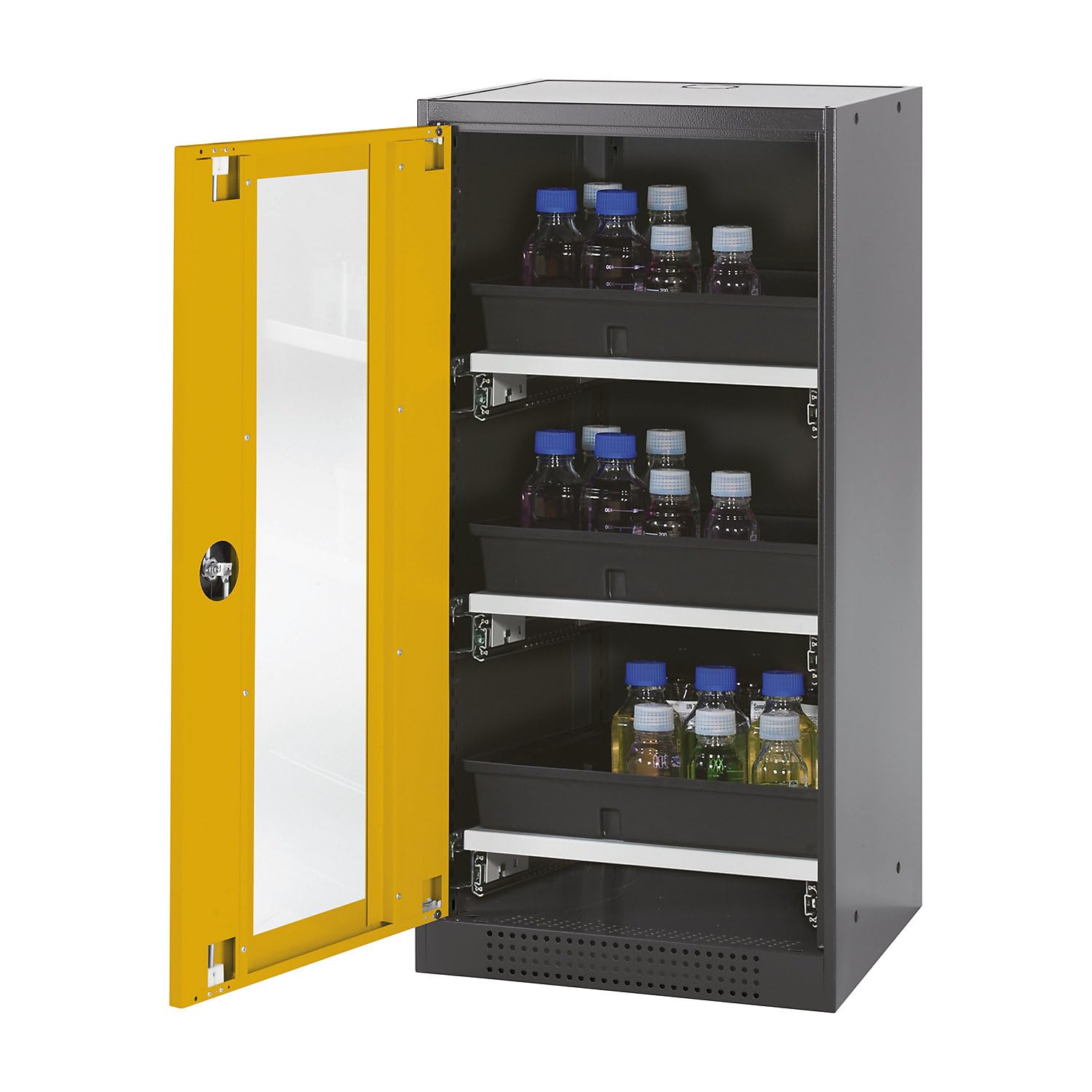 asecos | Armoire de Laboratoire pour Produits Chimiques | 1 Porte | mi-Hauteur | 3 tablettes coulissantes | avec vitre | Jaune