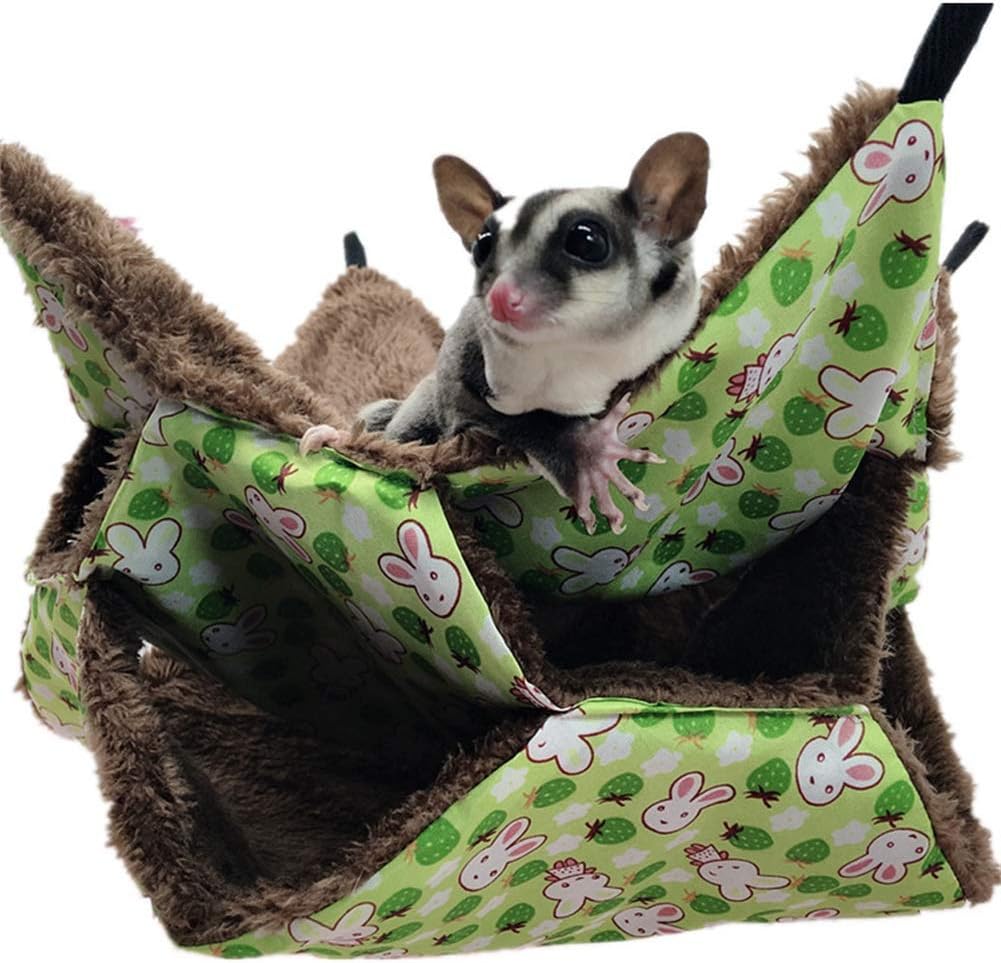 WOWOWMEOW Small Animal Cage Hanging Bunkbed Hammock Warm Fleece Bed for Sugar Glider Ferret Squirrel (Green)