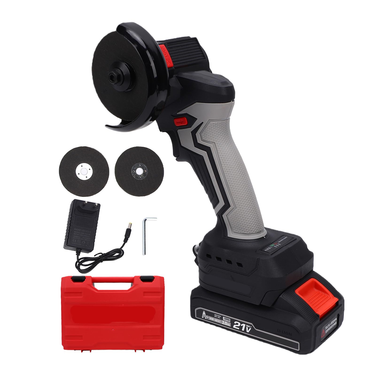 Matybobe Mini Herramienta de Amolado Angular Eléctrica de 15000 Rpm con Batería 21 V 2000 MAh y 3 Discos Corte, Herramienta Corte Manual Velocidad Variable (Enchufe europeo)