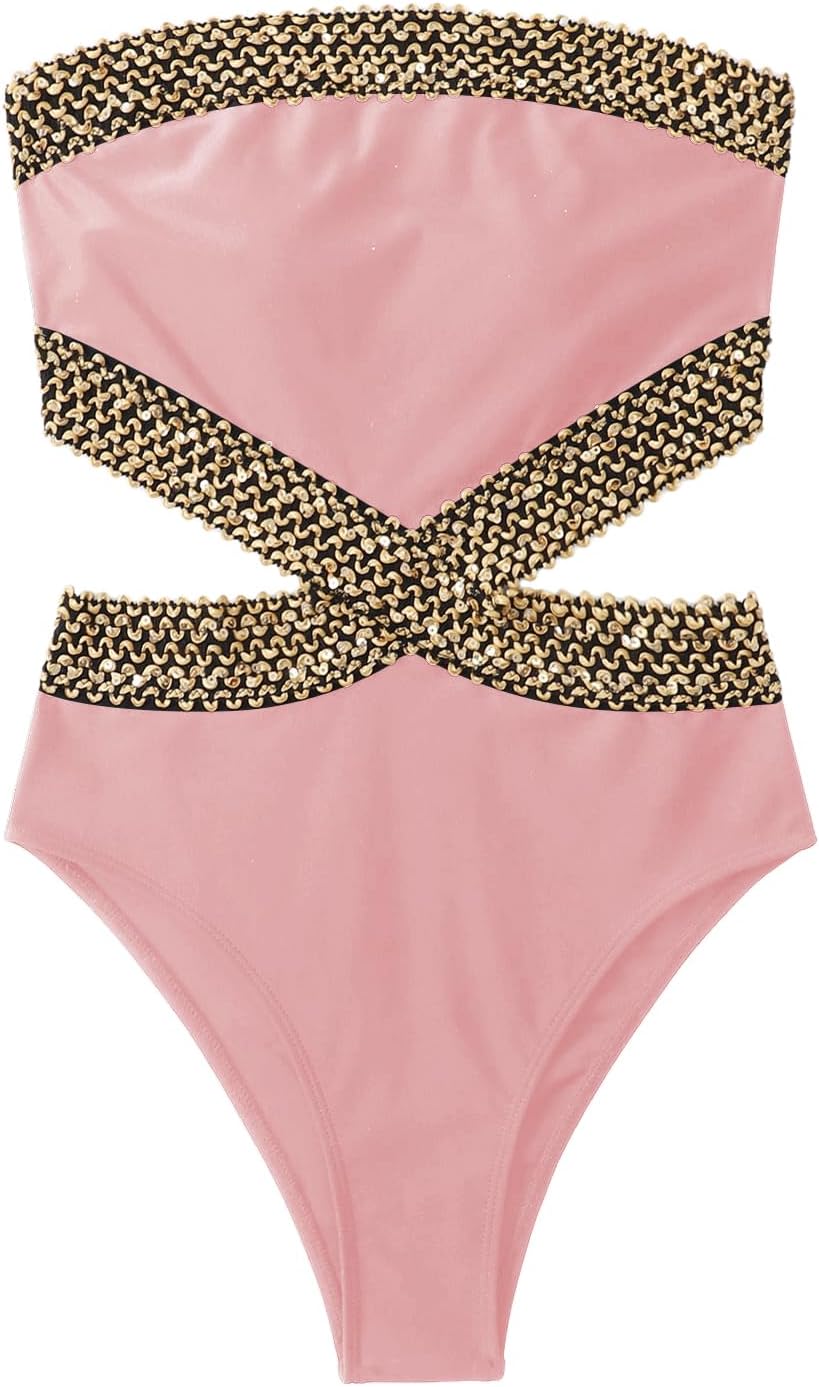 Milumia Women's Stitch Detail Strapless One Piece Swimsuit Cut Out Bandeau Bathing Suit X-Large Pink