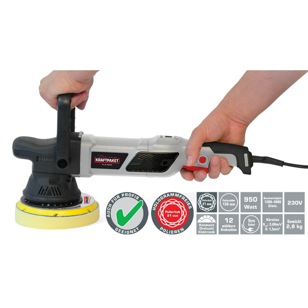Dino KRAFTPAKET 21 mm - 950 W, lucidatrice eccentrica, 12 Livelli, con Display LCD e Funzione Memoria, in Set con Spugna lucidante per Auto, Barca, XXL HUB