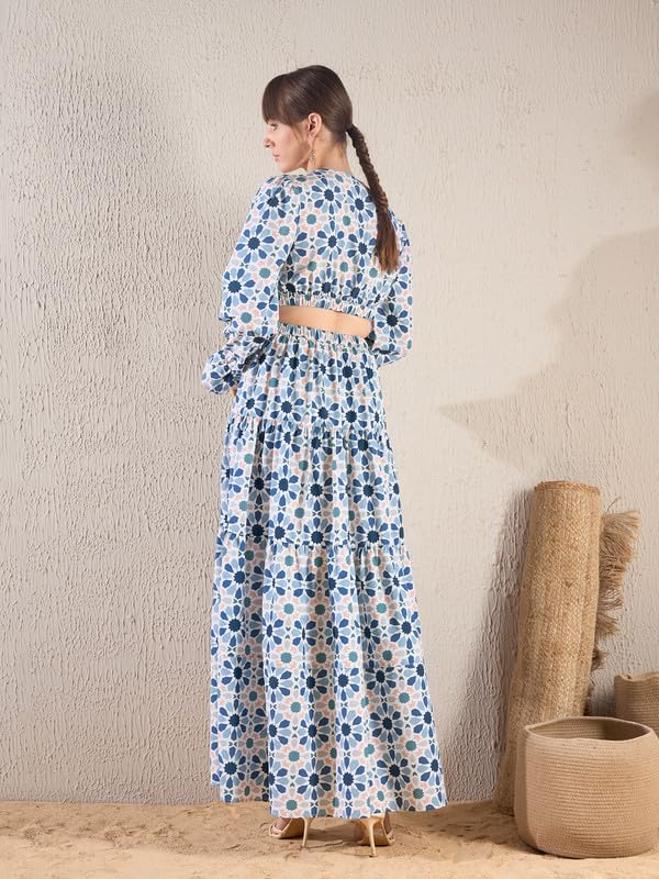 Image of SASSAFRAS Teal Blue Geometric Print Waist Cut Out Maxi Dress-L