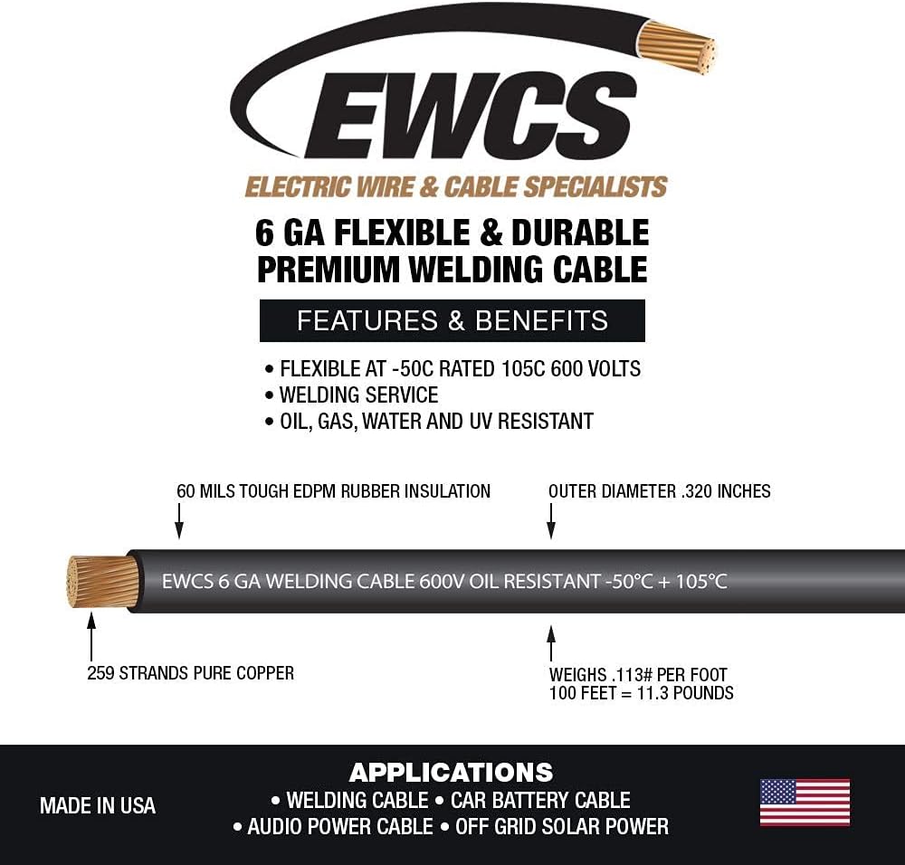 EWCS 6 Gauge Premium Extra Flexible Welding Cable 600 Volt - Black - 25 Feet - Made in The USA