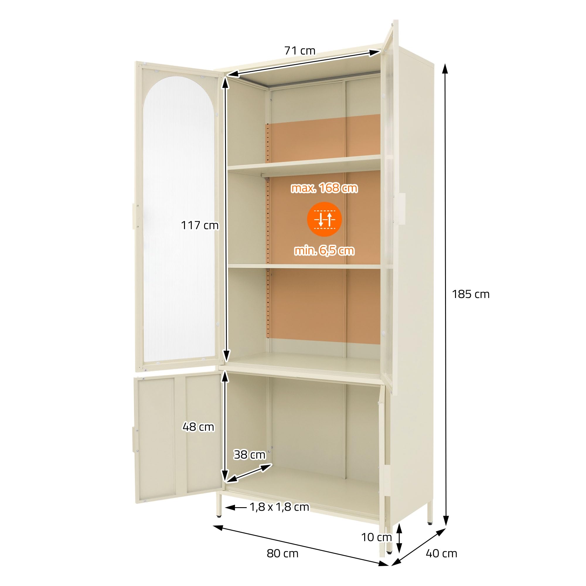 ML-Design Vitrinenschrank 80x185x40 cm aus Stahl, Creme, Küchenschrank mit 4 Ablage-/Regalfächer & 4 Türen, Metall Vitrine Hochschrank Bücherschrank Aktenschrank, Aufbewahrungsschrank für Wohnzimmer