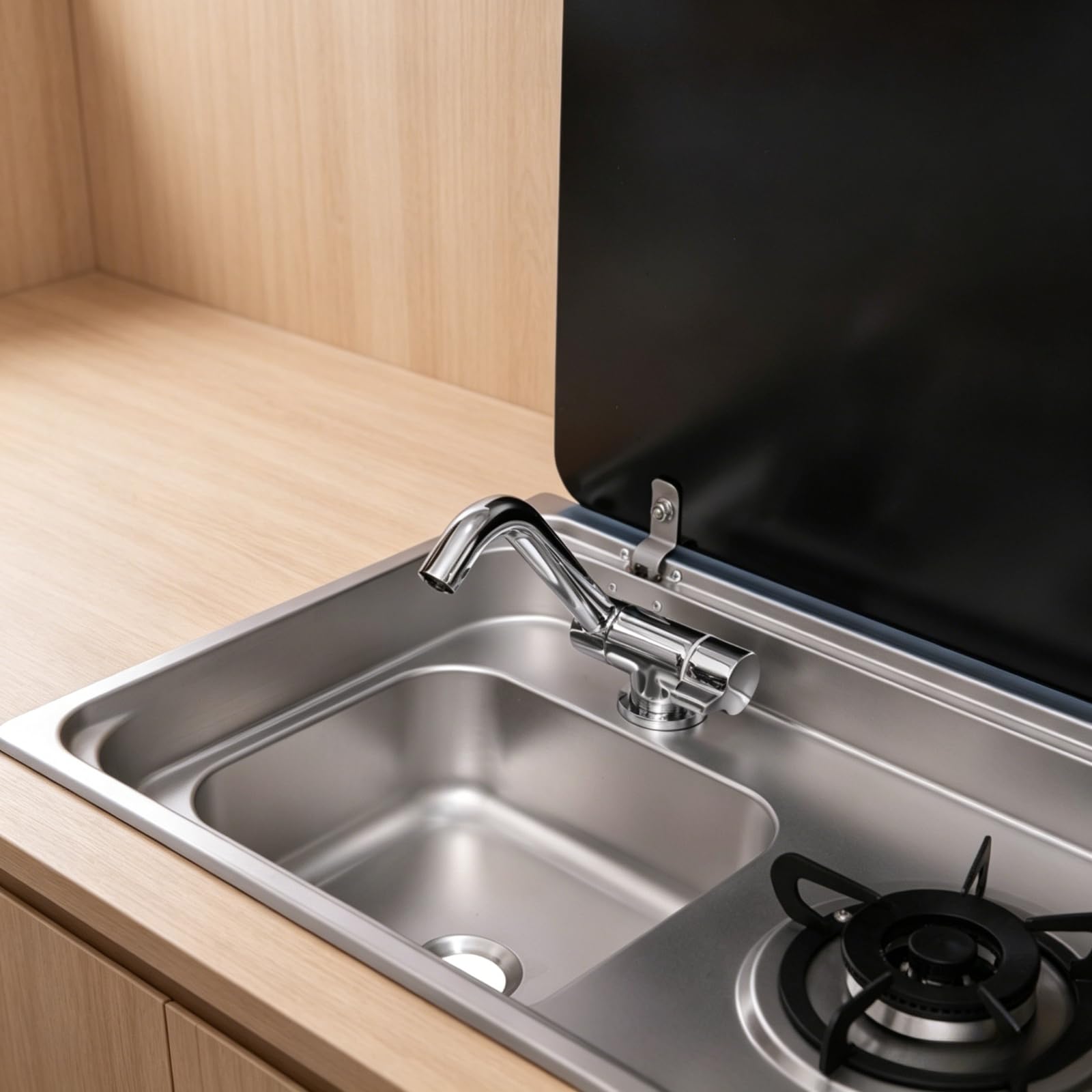 Lavabo 2 en 1 para caravana y compartimento de preparación con tapa de vidrio, inserto de acero inoxidable con boquilla plegable para caravana, furgoneta, remolque de viaje (negro/plateado)