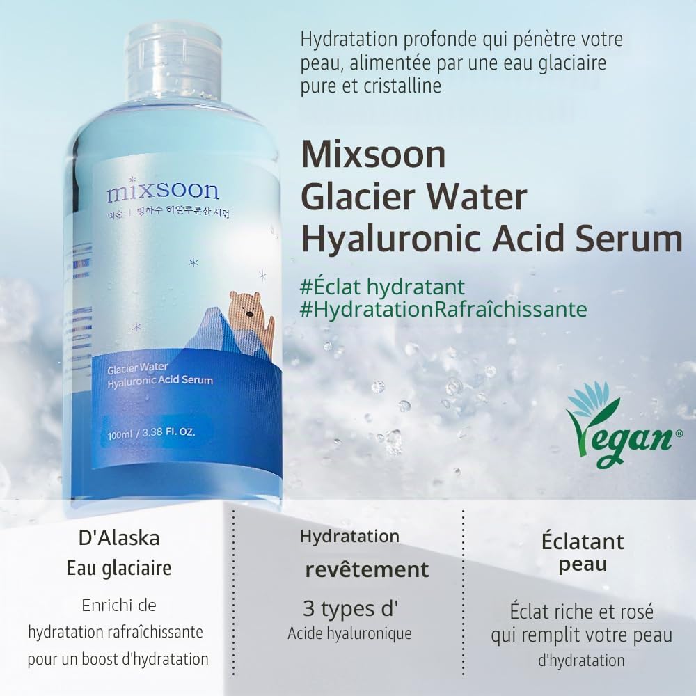 mixsoon Ensemble hydratant Essential Glass Skin Duo pour le soin de la peau coréenne (essence de haricot + sérum d'acide hyaluronique glacier water) blanc