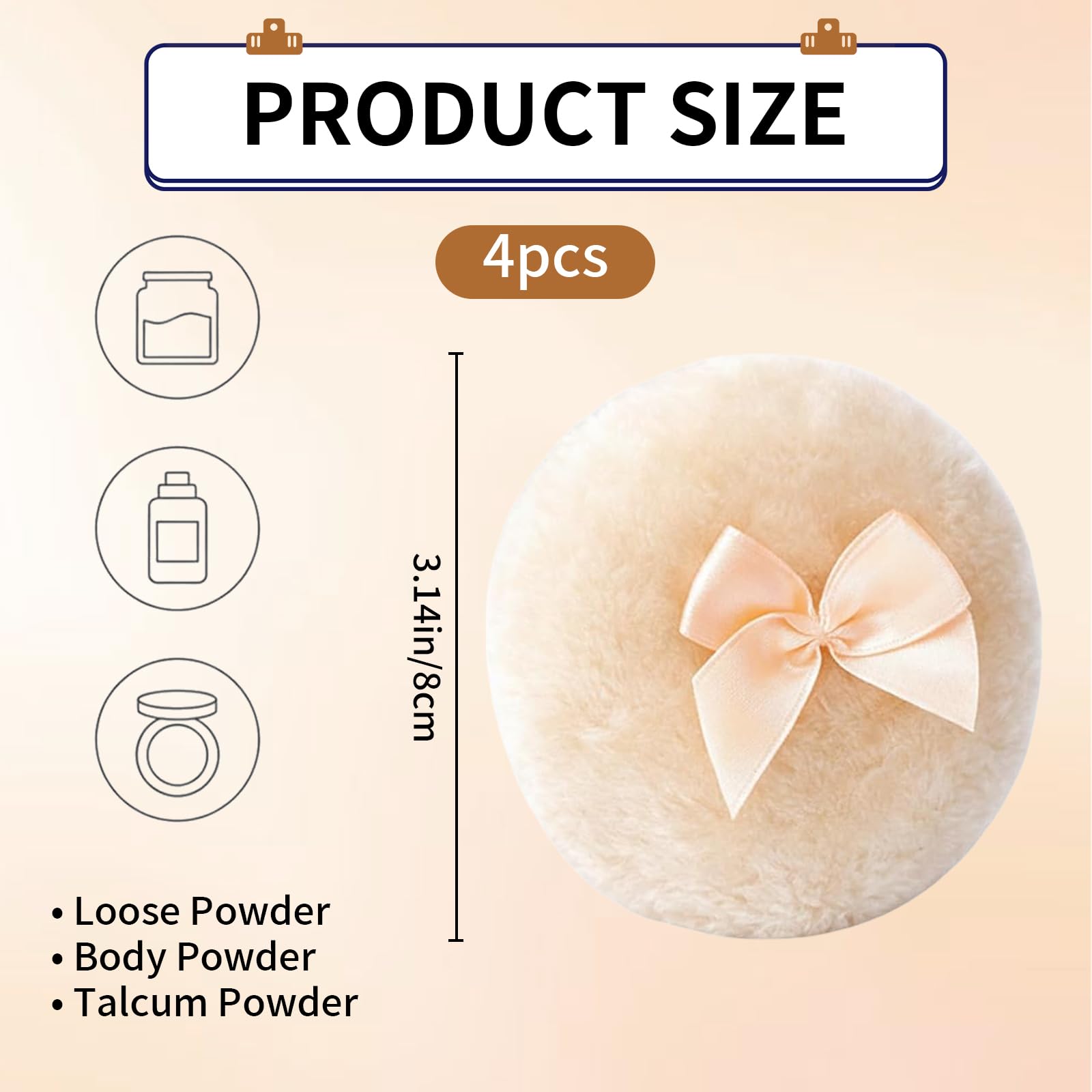 Piumino per Cipria Grande Set 4 Pezzi Piumino per Polvere Corporea Morbido Fluffy Lavabile con Nastro per Trucco Donna Bianco Beige