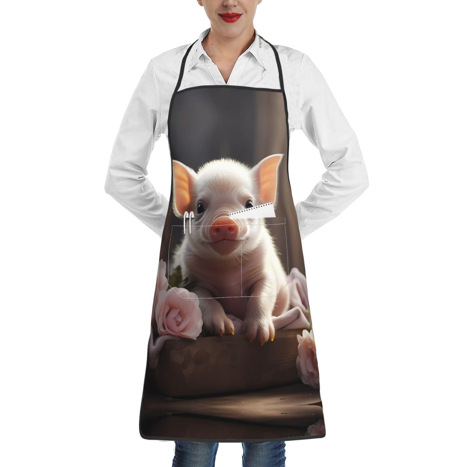 WZYCWB Cute young pig A printed kitchen apron with pockets and hem perfect for cooking baking painting and housework
