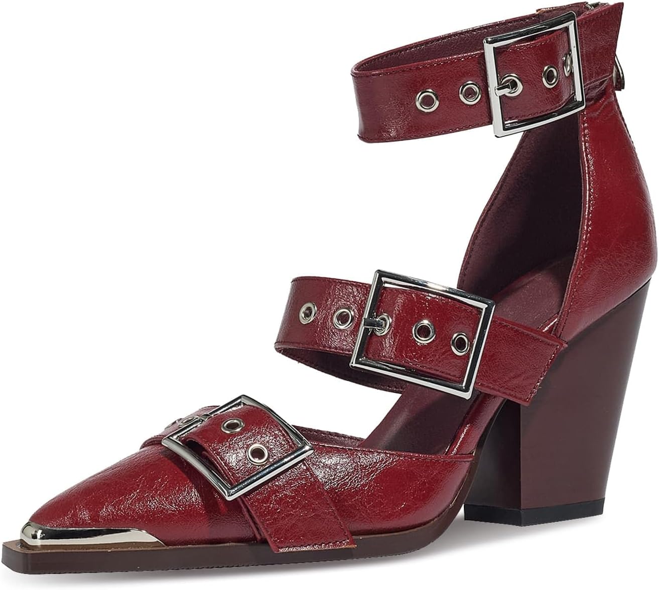 WRFCZGF Women's Pointed Toe Pumps Chunky Wedge Heels Ankle Strap Western Sandals Metal Buckle Comfortable Fashion Casual Dress Shoes