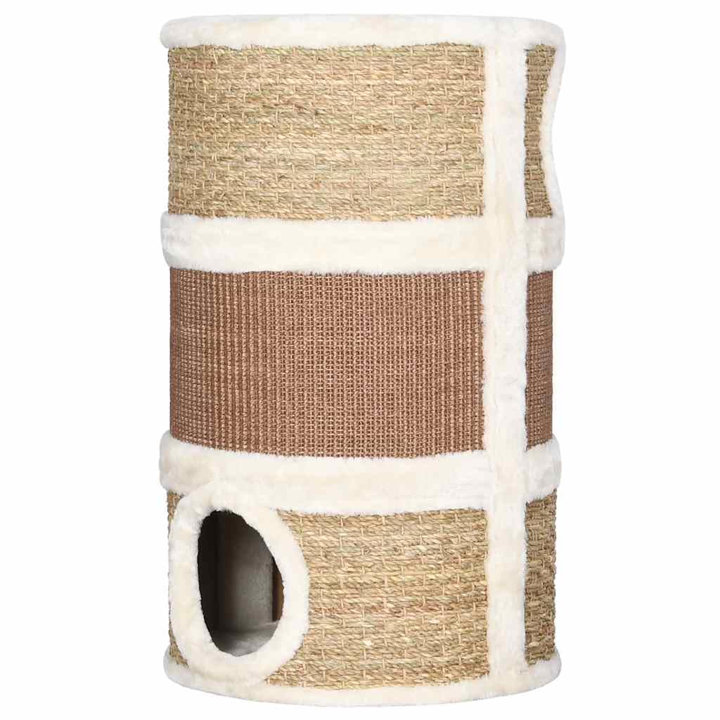 Kratztonne für Katzen, 60 cm, Fass mit Decke Seegras und 3 Öffnungen, geräumiger Platz für große Rassen, Versteck und Kratzbrett aus weichem Plüsch