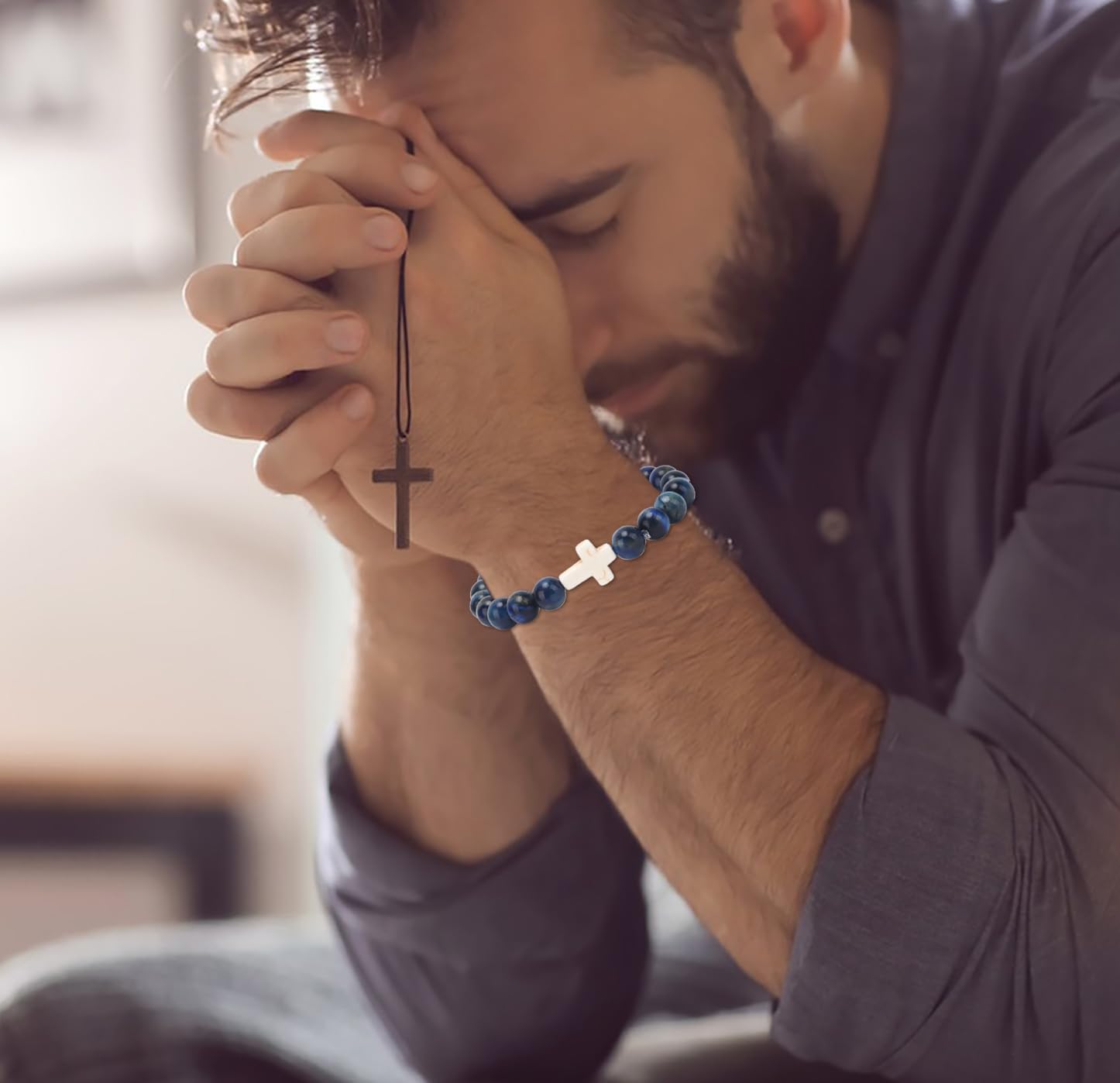 CASDAN 12Pcs Cross Beaded Bracelets for Women Men 8mm Easter Basket Stuffers Natural Stone Crystal Bracelet Semi-Precious Gemstone Beads Bracelets Set for Christian Christmas Gifts - Image 2