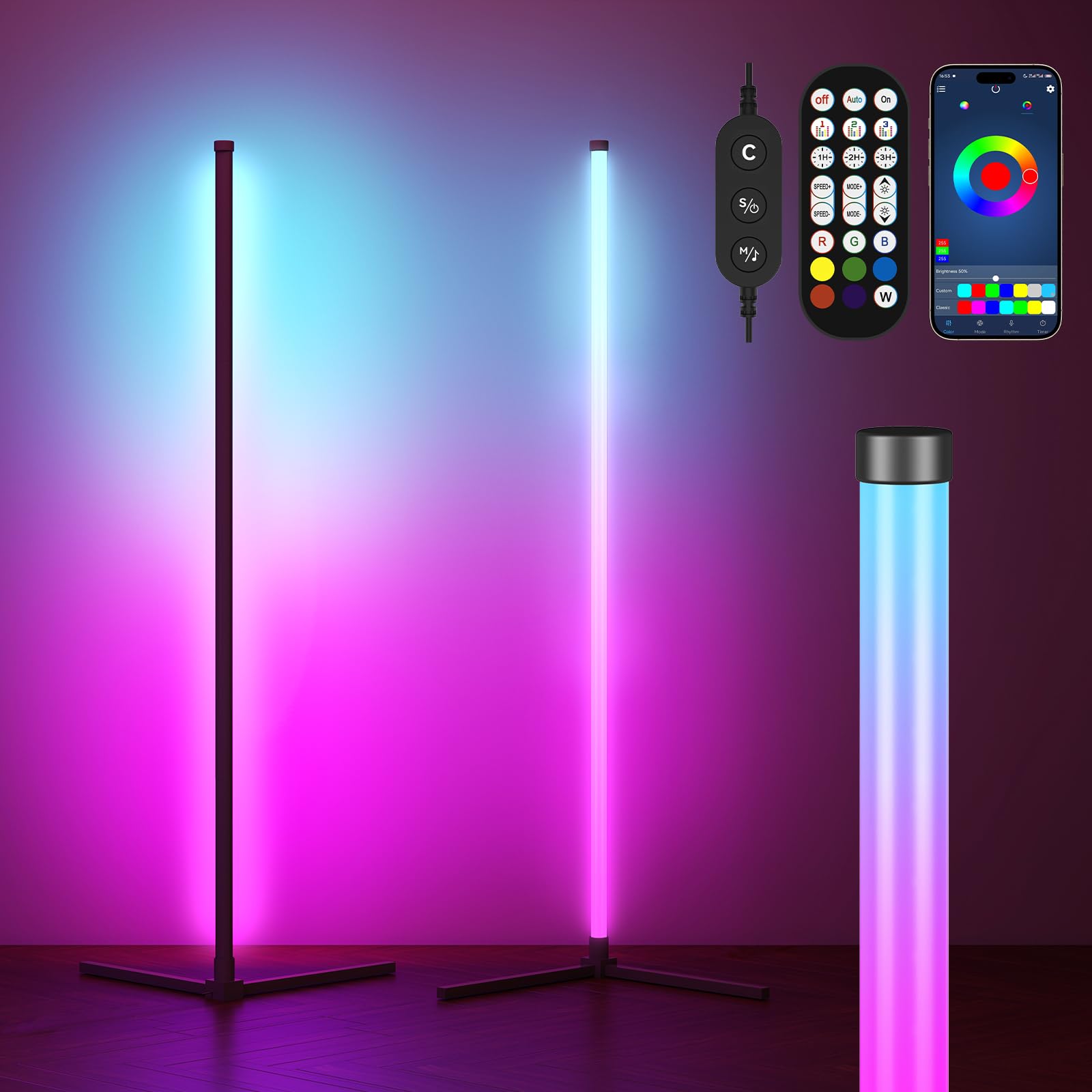 ARTETHYS 2 Pack LED Floor Lamp for Living Room, 164cm RGB Tall Standing Lamp with Music Sync & App Remote Control, Modern Standard Lamps Corner Mood Lighting Reading Light