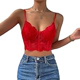 Haibang Women's Red Floral Lace V-Neck Crop Top, Size L