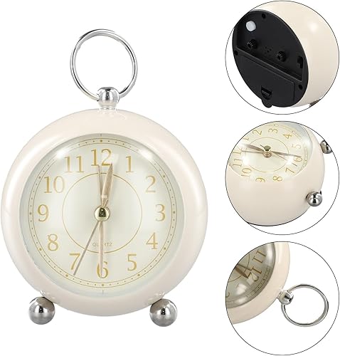 Miniatura 3 de Reloj despertador vintage de metal de mesa de 3.5 pulgadas colgante para anillo de noche despertador simple silencioso sin tictac con luz nocturna,
