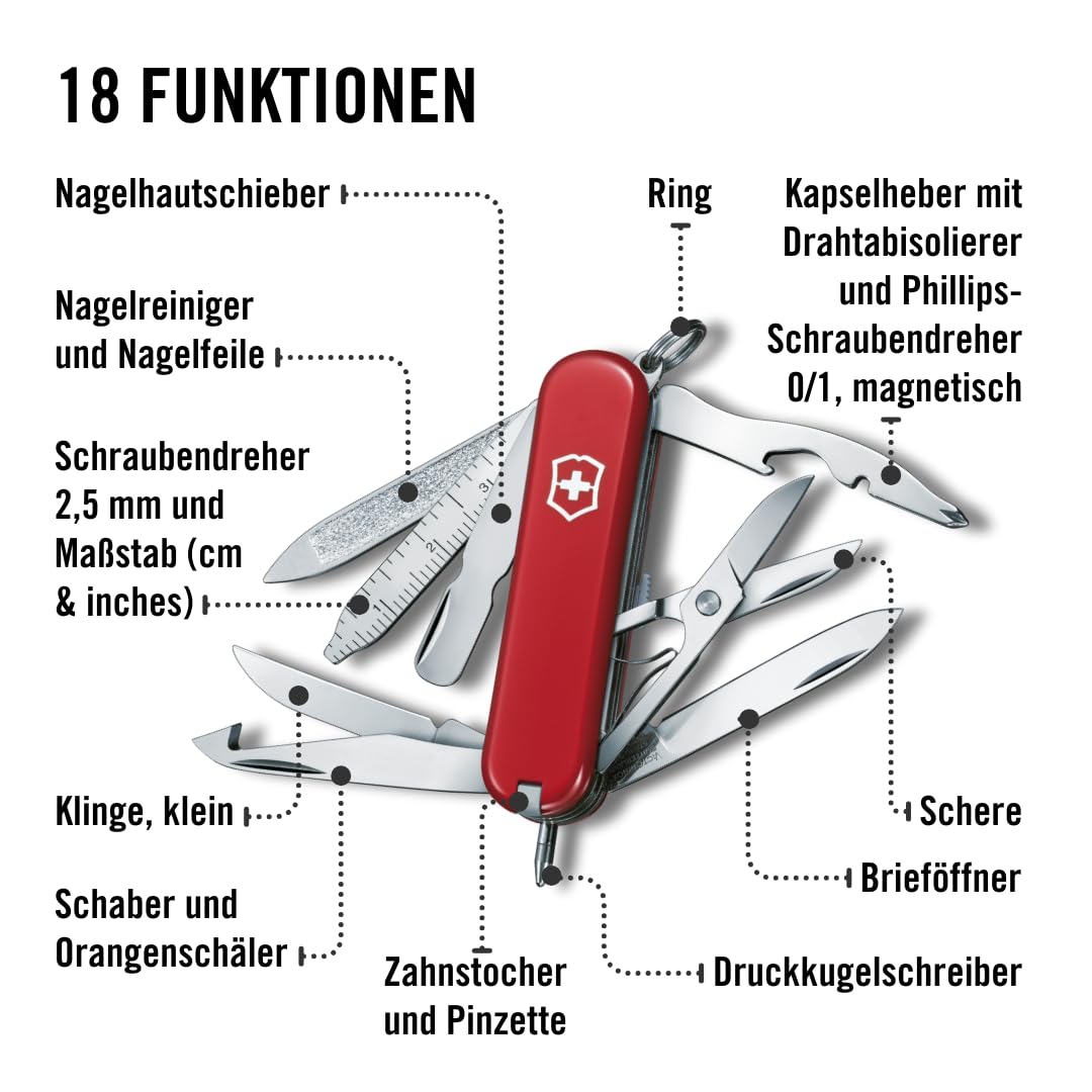 Victorinox Schweizer Taschenmesser Mini Champ, Klein, 18 Funktionen, Swiss Made, Multitool mit Brieföffner, Kapselheber, Drahtabisolierer, Rot