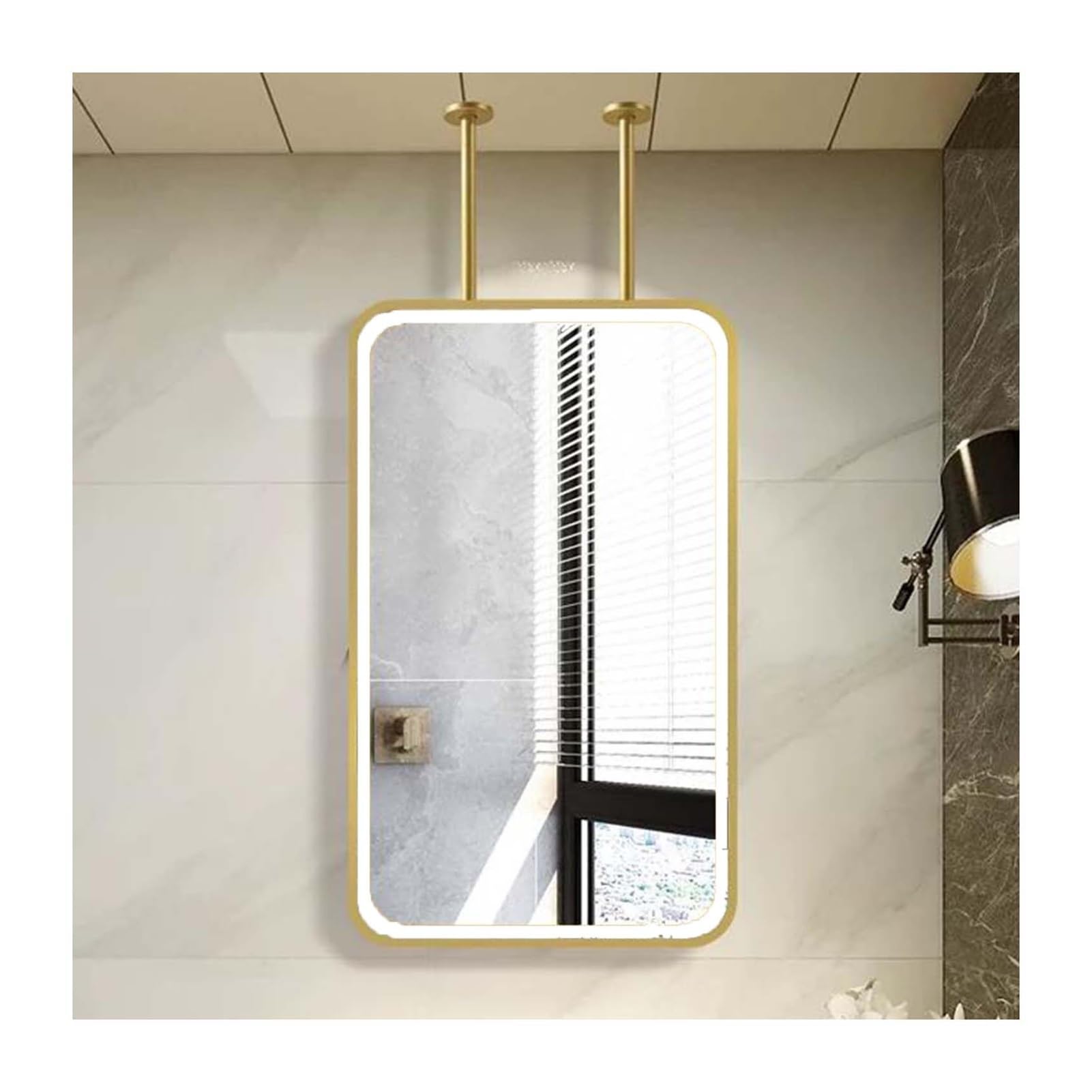MESOVFCA Rectangular Ceiling-Mounted Floating Mirror with LED Light, Bathroom Vanity, 3 Adjustable Colors, Suitable for Entryways, Closets, and Homes(Gold,50x90cm)