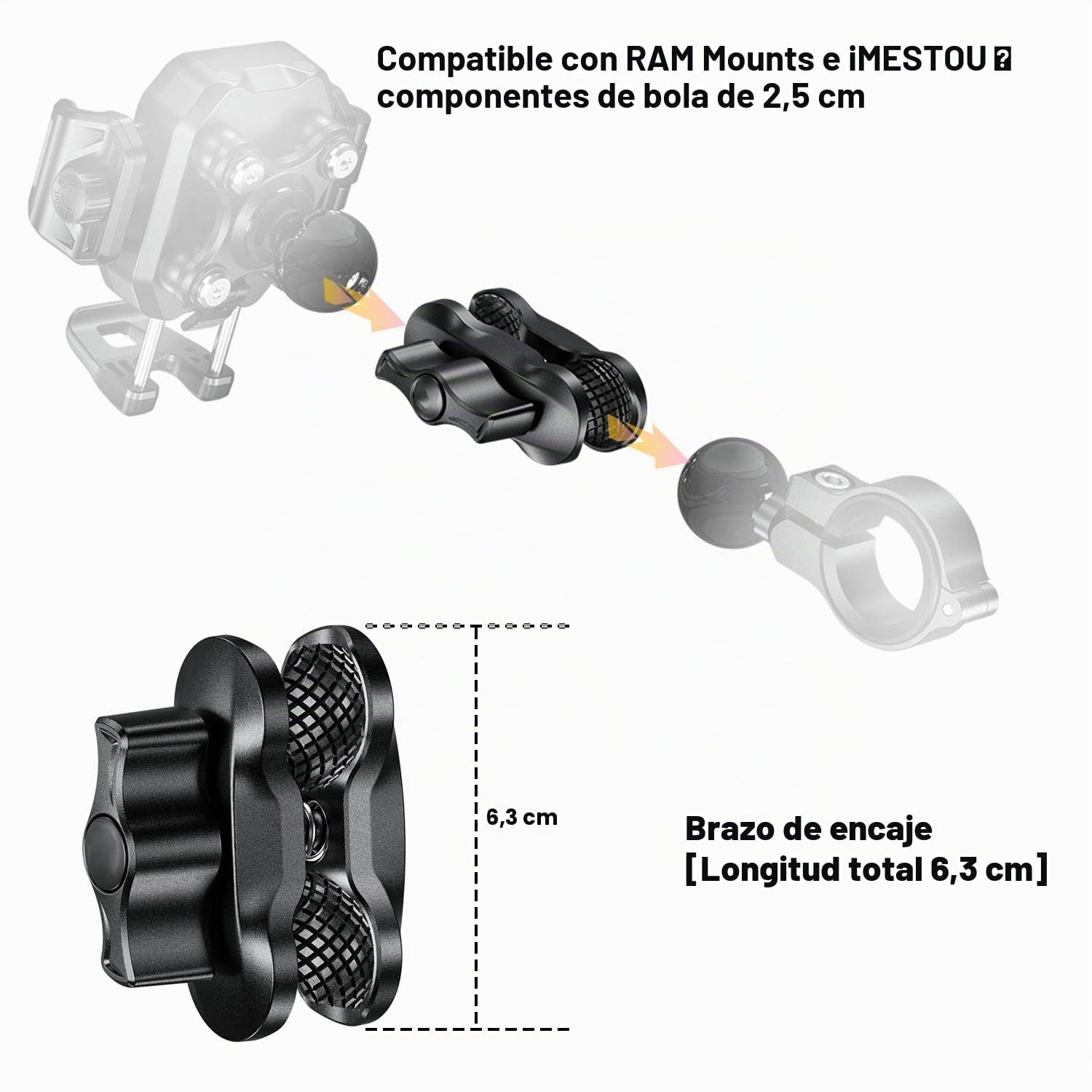 iMESTOU Brazo Doble Antirrobo de 1 Pulgada para Soportes RAM Tamaño B. Adaptador de Rótula de Seguridad de Aluminio Aeronáutico con Ajuste sin Herramientas, Longitud de 2.5 Pulgadas