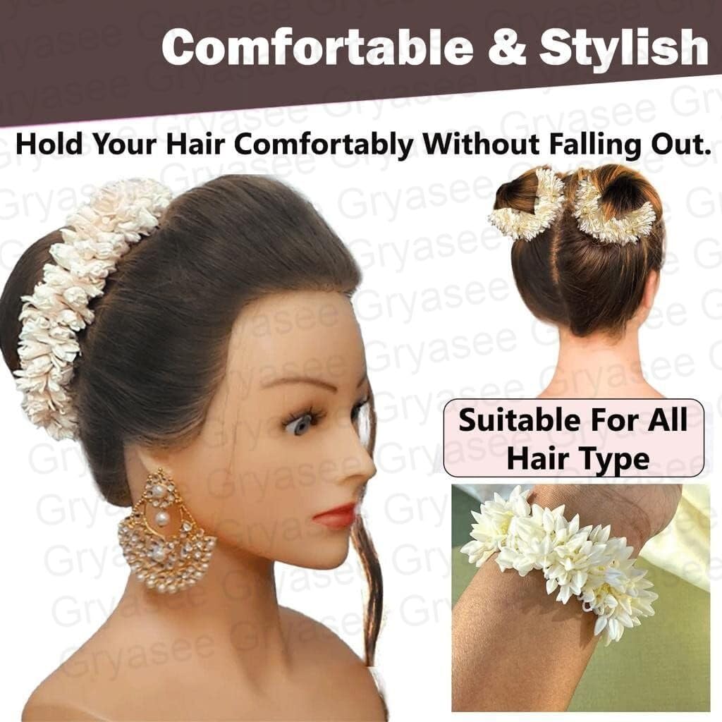 Graysee Scented Mogra Gajra Hair Accessories For Women & Girls - Hair Flower Bun Artificial Fake Gajra Scrunchies Rubber Band | Hair Braiders | Hair Gajra (Standard, Pack of 2) - Image 2 thumbnail