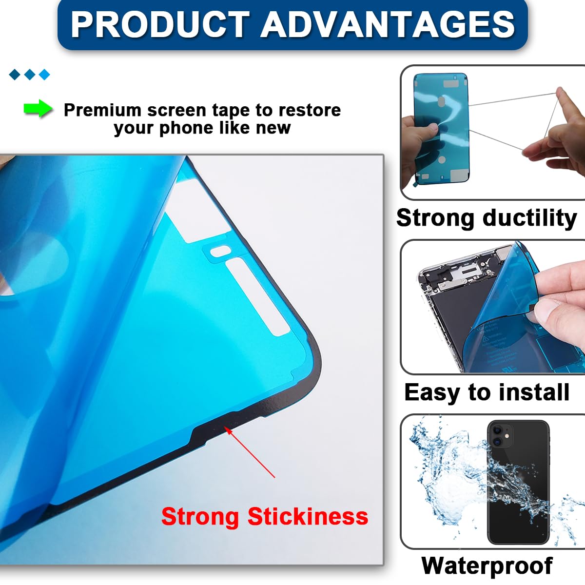 7pcs Adhésif pré-Coupe étanche Compatible avec pour l'pour iPhone 11, l'écran LCD Adhésif et la Batterie Interne de la Batterie d'adhésive et l'outil de Retrait (6,1 Pouces/Noir)