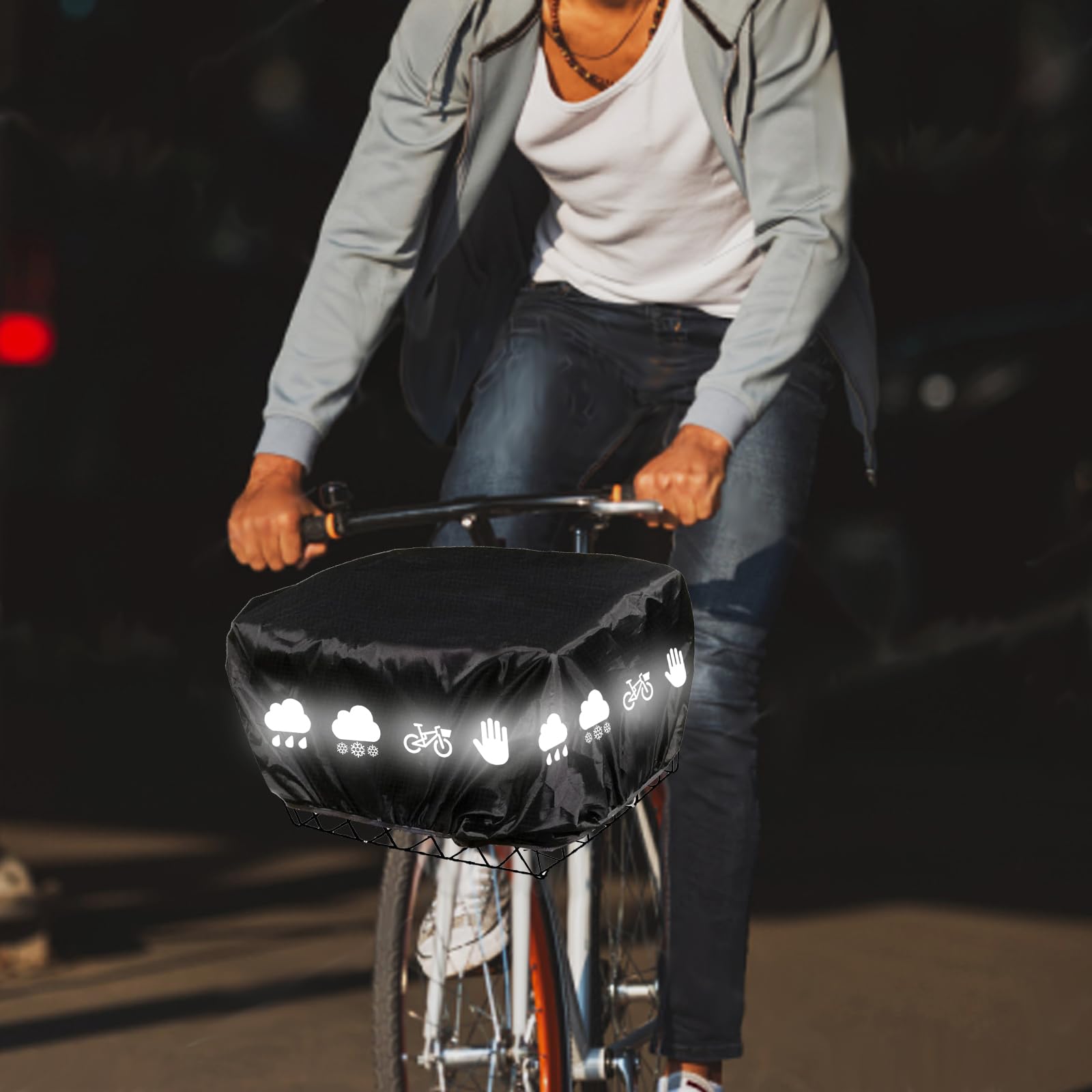 Copertura Antipioggia, Cestino Bicicletta Anteriore, Cestino Bicicletta Posteriore, 46x32x20 cm, Copertura Antipioggia Per Cestino Bici Con Strisce Riflettenti