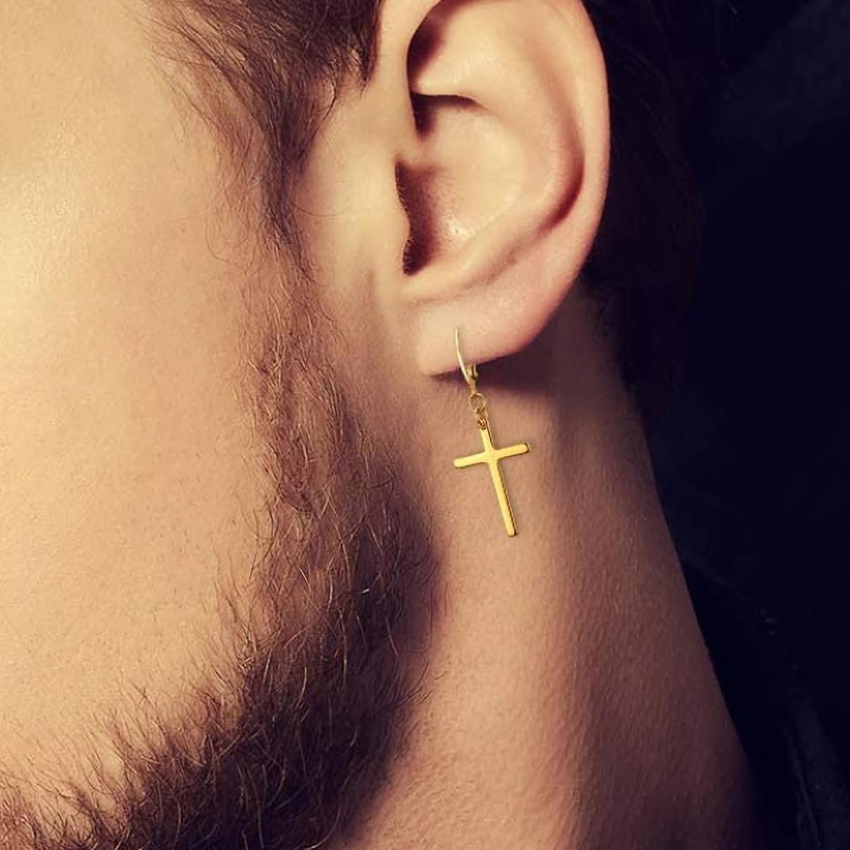 3 Pairs Mens Cross Drop Dangle Earrings Set Hanging Dangling Crucifix Hinged Earingings Stainless Steel Black Gold Silver - Image 5