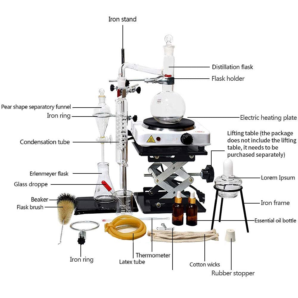 Kit di vetreria da laboratorio per strumenti di distillazione dell'olio essenziale da 1000 ml con bruciatore elettrico