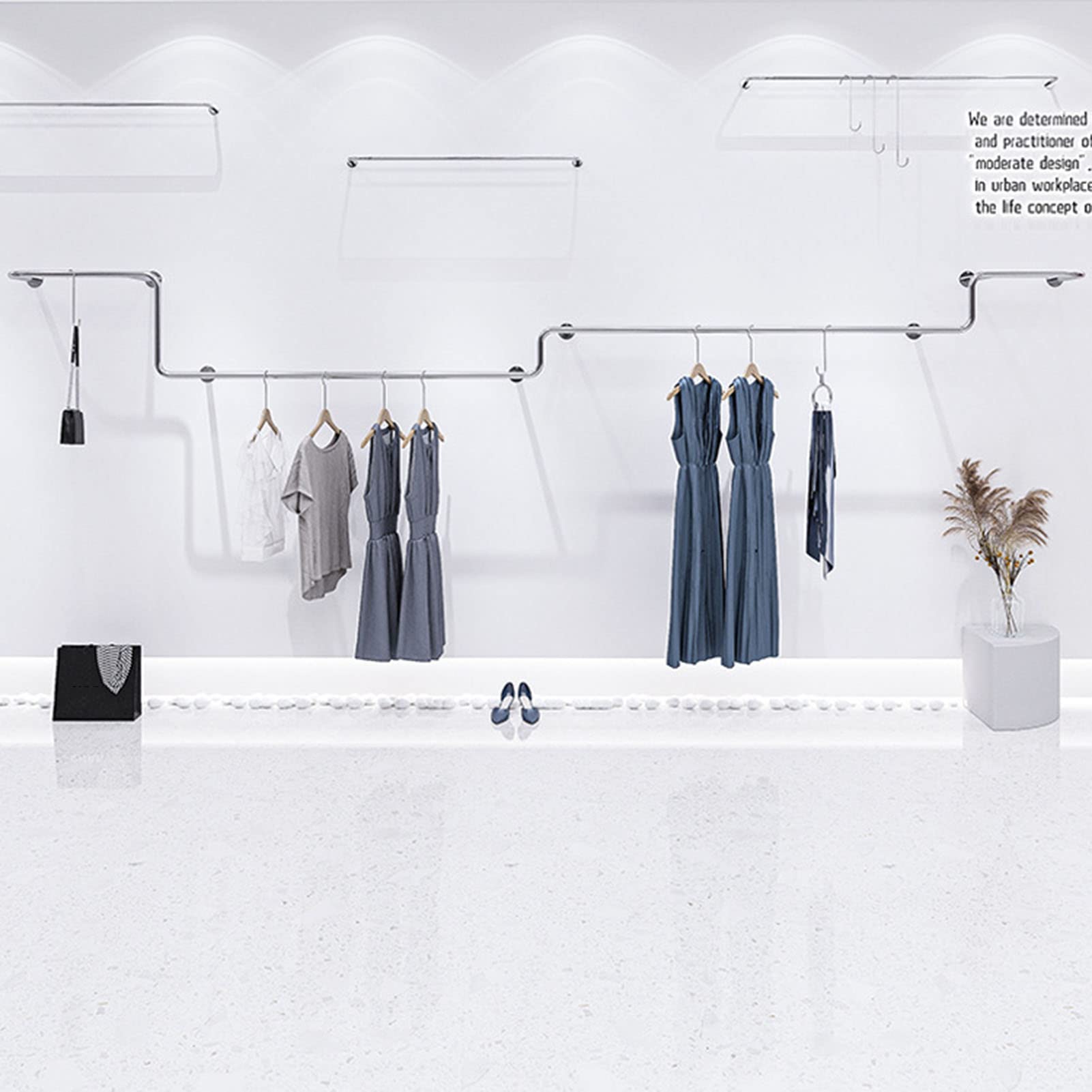 An der Wand montierte Präsentationsregale für Boutique-Bekleidungsgeschäfte aus Metall, Aufbewahrungsregale für gewerbliche Schränke aus Edelstahl für kreative Einzelhandelsgeschäfte, platzs