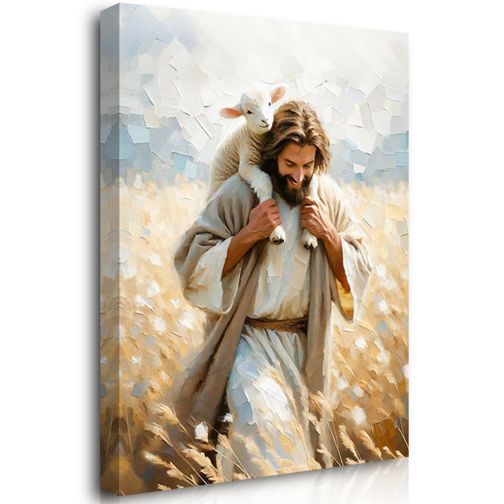 Reateforin Carry You Home,Modern Christian Wall Decor Religious Painting Jesus and Lost Lamb Wall Art Leave The 99 Art,Bible Verse LDS Painting Jesus Pictures Wall Decor for Bedroom Nursery 16"x24" — image 1